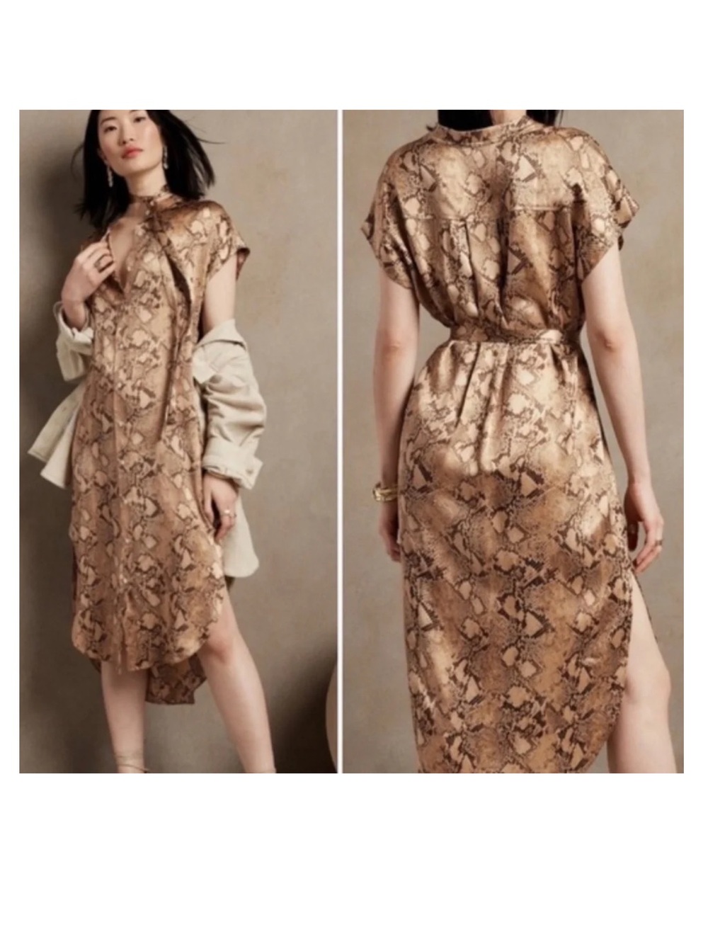 NWOT Banana Republic Serenade 100% Silk Snake-Print Midi Shirt Dress